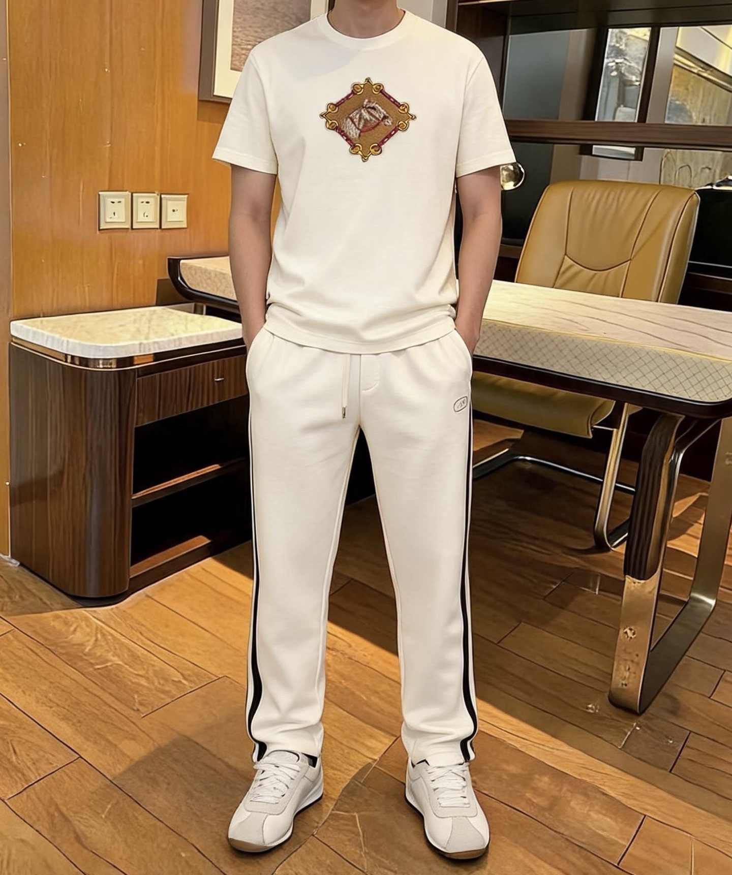 NO:915485,, Hermès off-white T-shirt - carefully designed with genuine leather on the chest. The breathable mercerized fabric is made of high-quality cotton, and the mesh structure is breathable and sweat-wicking. It is refreshing and not stuffy to wear in summer, has a good drape, and is not easy to deform after long-term wear. M-419860909,爱马仕米白色T恤- 胸口真皮精心设计打造. 透气丝光面料甄选优质棉,网眼结构透气排汗,夏季穿着清爽不闷,垂坠感佳,久穿不易变形.M-4XL码（模特身高180/140穿XL码）,,hermes,tees，t-shirt,,Men's clothing