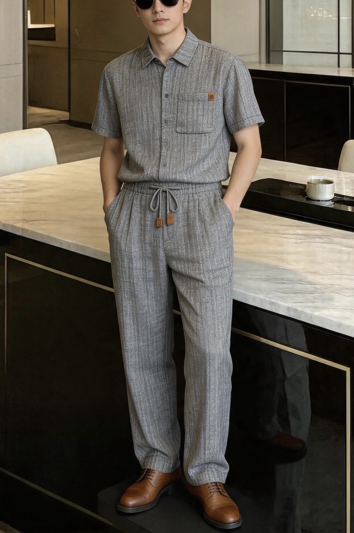 NO:912705,, Loro Piana Italian old-money style herringbone linen two-piece suit, focusing on low-key luxury, no logos, weakening the sense of trend, highlighting the texture of the fabric, suitable for mature men who pursue minimalism. The material is high-count pure linen fabric, natural and breathable, with its own texture, which can dissipate heat and perspiration in summer without feeling stuffy; the unique variegated floral yarn texture of linen, low-key and not exaggerated. The pattern has a classic herringbone (herringbone) texture, which is Old  The iconic element of Money's old money style, with a soft and layered vision, is different from ordinary solid-color cotton, and has a light and luxurious retro atmosphere. The short-sleeved shirt top has a loose and slightly dropped shoulder cut, an arc hem, not flattering on the body, and casual and relaxed; standard small lapels, a single black contrast placket button, simple and neat. The decorative left chest patch pocket is matched with a brown leather small label of the same series, and the leather label is embossed with the brand shield badge, which is the entire set of iconic identification elements.  The whole back is divided and routed to improve the stiffness of the body and prevent it from being soft and deformed. The matching casual trousers have an elastic drawstring waistband and a double placket button design, which is easy to put on and take off, and is highly tolerant of the waistline. No belt is needed. The straight-leg nine-point slightly wide version, drape and straight, modifies the leg shape and is not tight; the trousers and the herringbone shirt are completely made of the same color, making the set very integrated.  The detailed waistband is equipped with two small leather buttons of the same color, echoing the leather label on the top, and the details are unified. Size 48-56 (model 180/140 wears 50), loro piana, shirts, T-shirt,19860909,Loro Piana 意式老钱风人字纹亚麻两件套装,主打低调轻奢、无logo显贵,弱化潮流感,突出面料质感,适合追求极简成熟男士. 材质高支纯亚麻面料,天然透气、自带肌理感,夏季散热排汗,无闷热感；亚麻特有的杂色花纱质感,低调不浮夸. 纹样经典人字纹（鱼骨纹）肌理,是Old Money老钱风标志性元素,视觉柔和有层次,区别于普通纯色棉料,自带轻奢复古氛围. 短袖衬衫上衣 版型宽松微落肩剪裁,圆弧下摆,不挑身材,休闲松弛；标准小翻领,单颗黑色撞色门襟扣,简约利落. 装饰左胸贴袋搭配同系列棕色皮质小标,皮标压印品牌盾形徽章,是整套标志性识别元素. 后背整片分割走线,提升衣身挺括度,不易软塌变形. 配套休闲长裤 腰头松紧抽绳腰+门襟纽扣双设计,穿脱方便,对腰围包容度高,无需皮带. 裤型直筒九分微阔版型,垂坠顺直,修饰腿型,不紧绷；裤身与人字纹衬衫完全同料同色,成套穿搭整体性极强. 细节裤腰搭配两颗同色系皮质小扣,和上衣皮标呼应,细节统一. 规格48-56码（模特180/140穿50）,,loro piana,shirts,T-shirt,,Men's clothing