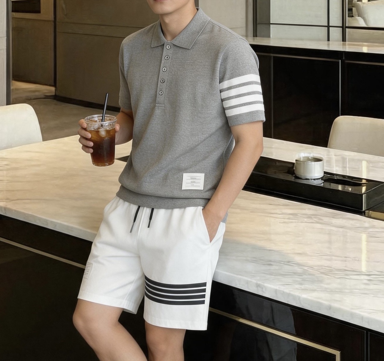 NO:912691,, Thom Browne (TB) four-stripe summer casual suit, the classic TB four-stripe Polo + five-point shorts men's summer two-piece set, which is also the brand's iconic commuting casual wear, the original replica version on the market. The short-sleeved Polo shirt has four horizontal stripes on one side of the sleeve, asymmetrical length at the front and back (short at the front and long at the back), five lapel placket buttons, and a white label on the left hem. The fabric is made of piqué mesh cotton, breathable and anti-wrinkle.  Five-point casual shorts with four stripes on the side, echoing the Polo color scheme (white pants with black/gray stripes, black pants with white stripes). Contrasting color elastic waist + drawstring design at the waist, metal stop at the end of the drawstring. Pockets on both sides, single patch pocket on the back panel printed with red, white and blue thin strips. Mini red, white and blue three-color woven label above the small label pocket on the side seam. The square cloth label on the hem is consistent with the top. There are two basic styles: white pants with black waist and black pants with white waist.  Specifications: M-3XL (model 180/140 comes with L size), shorts, T-shirt,19860909,Thom Browne（TB）四道杠夏季休闲套装,经典TB四道杠Polo+五分短裤男士夏季两件套,也是该品牌标志性通勤休闲穿搭,原版市面平替复刻版本. 短袖Polo衫单侧袖子横向四条条纹,前后长短不对称（前短后长下摆）,翻领五粒门襟纽扣、左下摆白色标签布标 面料采用珠地网眼棉,透气抗皱 五分休闲短裤侧边四道杠条纹,和Polo配色呼应（白裤配黑/灰杠,黑裤配白杠） 腰头撞色松紧腰+抽绳设计,抽绳末端金属止头 口袋两侧插袋,后片单贴袋印有红白蓝三色细条 侧缝小标口袋上方迷你红白蓝三色织标,下摆方形布标和上衣统一 配色白裤黑腰、黑裤白腰两种基础款 规格M-3XL码（模特180/140配L码）,,shorts,T-shirt,,Men's clothing