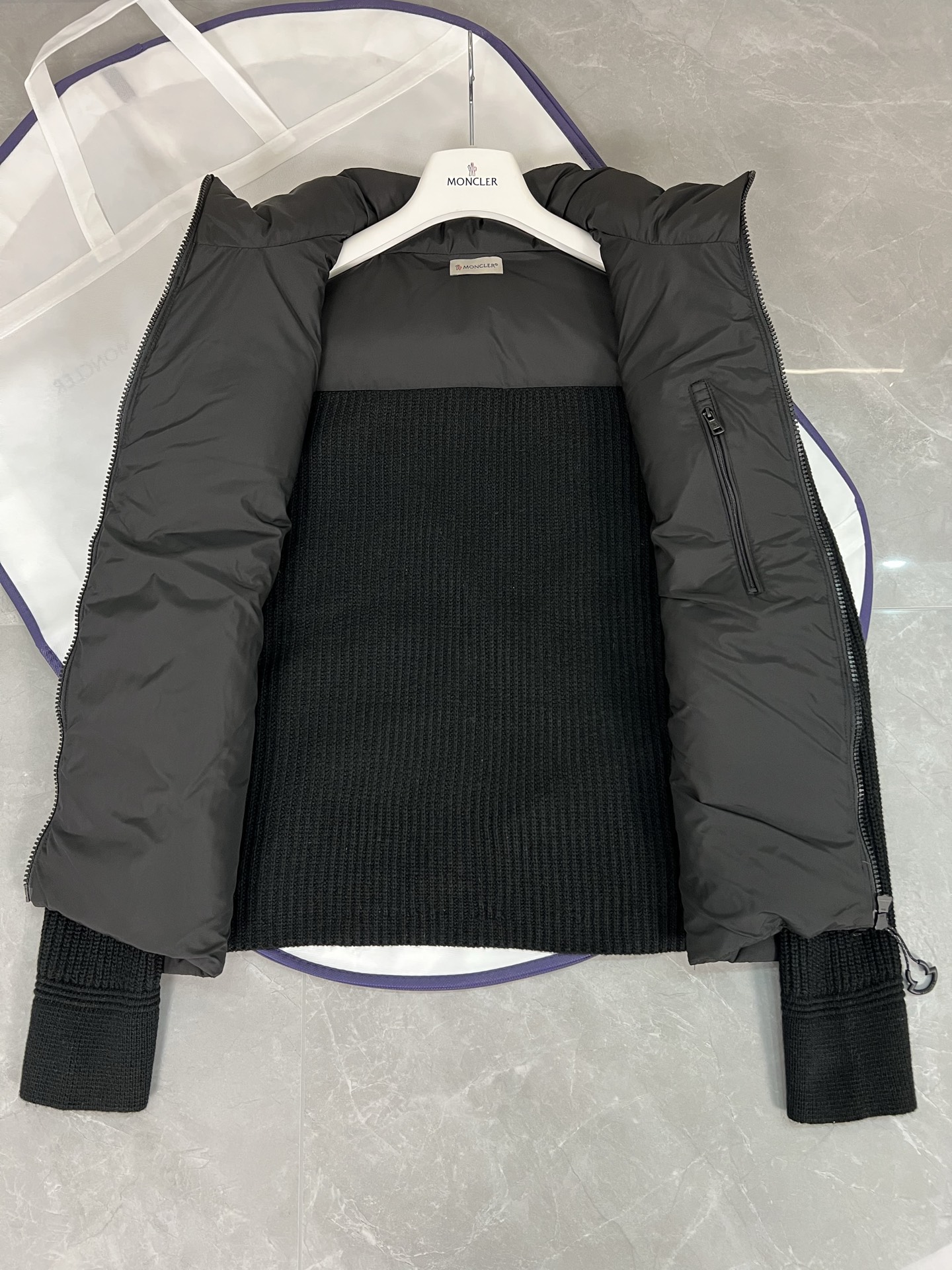 New Moncler men's knit down jacket with unique design and plaid craftsmanship. Available in black and beige, sizes M to XXXL. Lightweight and stylish for daily wear.-Big cat
