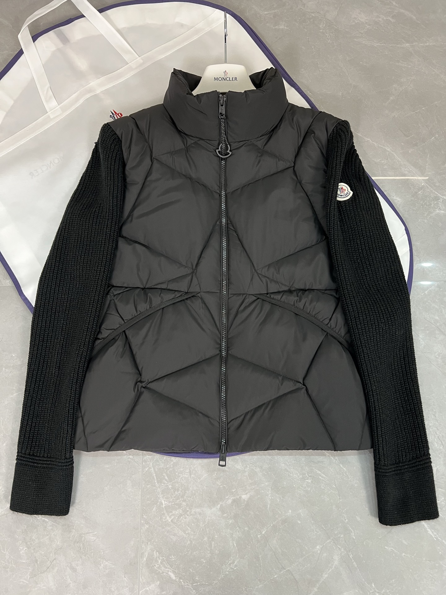 New Moncler men's knit down jacket with unique design and plaid craftsmanship. Available in black and beige, sizes M to XXXL. Lightweight and stylish for daily wear.-Big cat