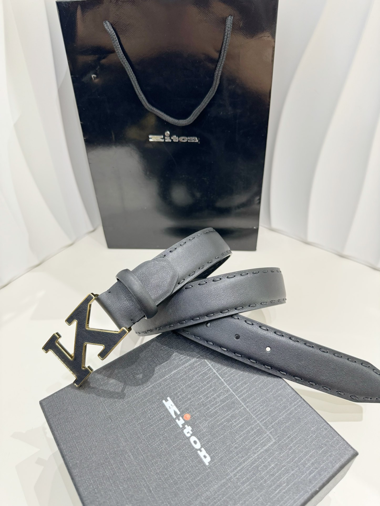 2024 Kiton Men’s Belt: Imported Calf Skin, Hand-to-Wire Fashion, 3.5CM Width - 图片 4
