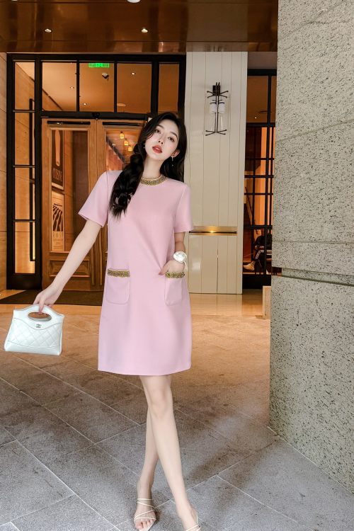 Elegant Pink Dress with Pearl and Rhinestone Embellishments - Short Sleeves 1 Elegant Pink Dress with Pearl and Rhinestone Embellishments - Short Sleeves