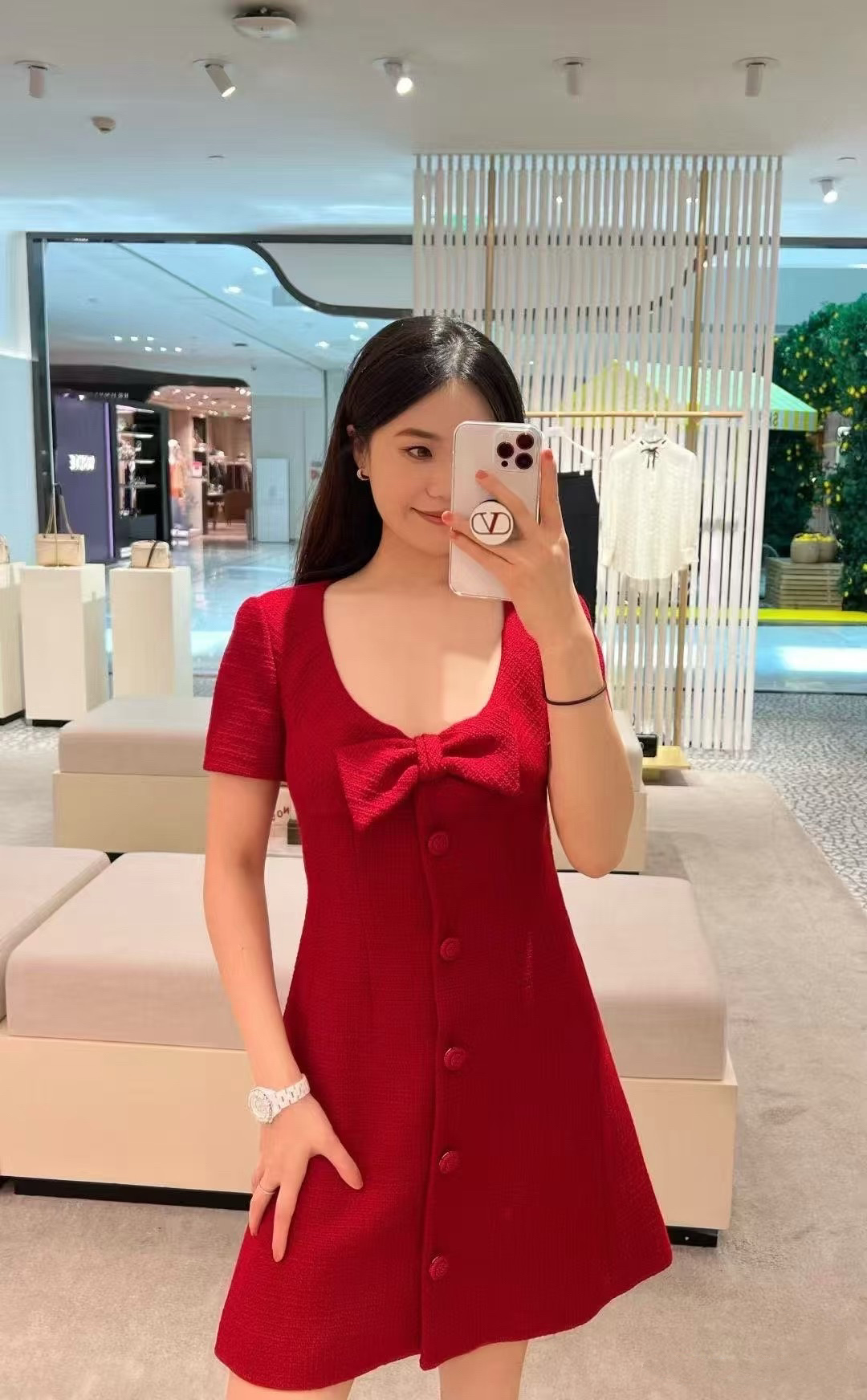 Valentino Women's Red Wool Blend Mini Dress with Bow Detail and Short Sleeves