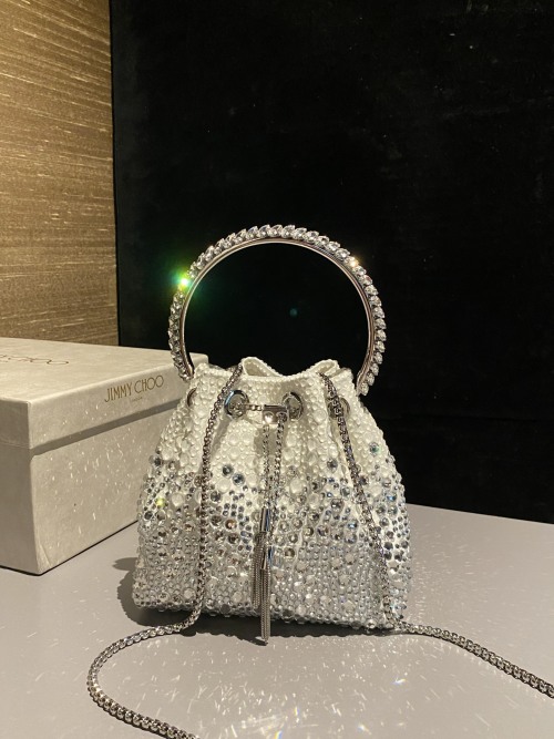 Jimmy Choo Bon Bon Crystal-Embellished Satin Bucket Bag with Bracelet Handle
