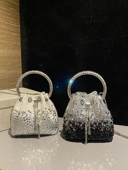 Jimmy Choo BON BON Crystal Embellished Satin Top Handle Bucket Bag 1 Jimmy Choo BON BON Crystal Embellished Satin Top Handle Bucket Bag