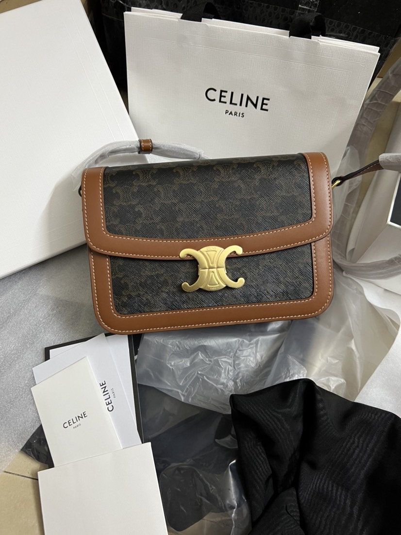 Celine Triomphe Bag in Signature Canvas with Calfskin, 22cm