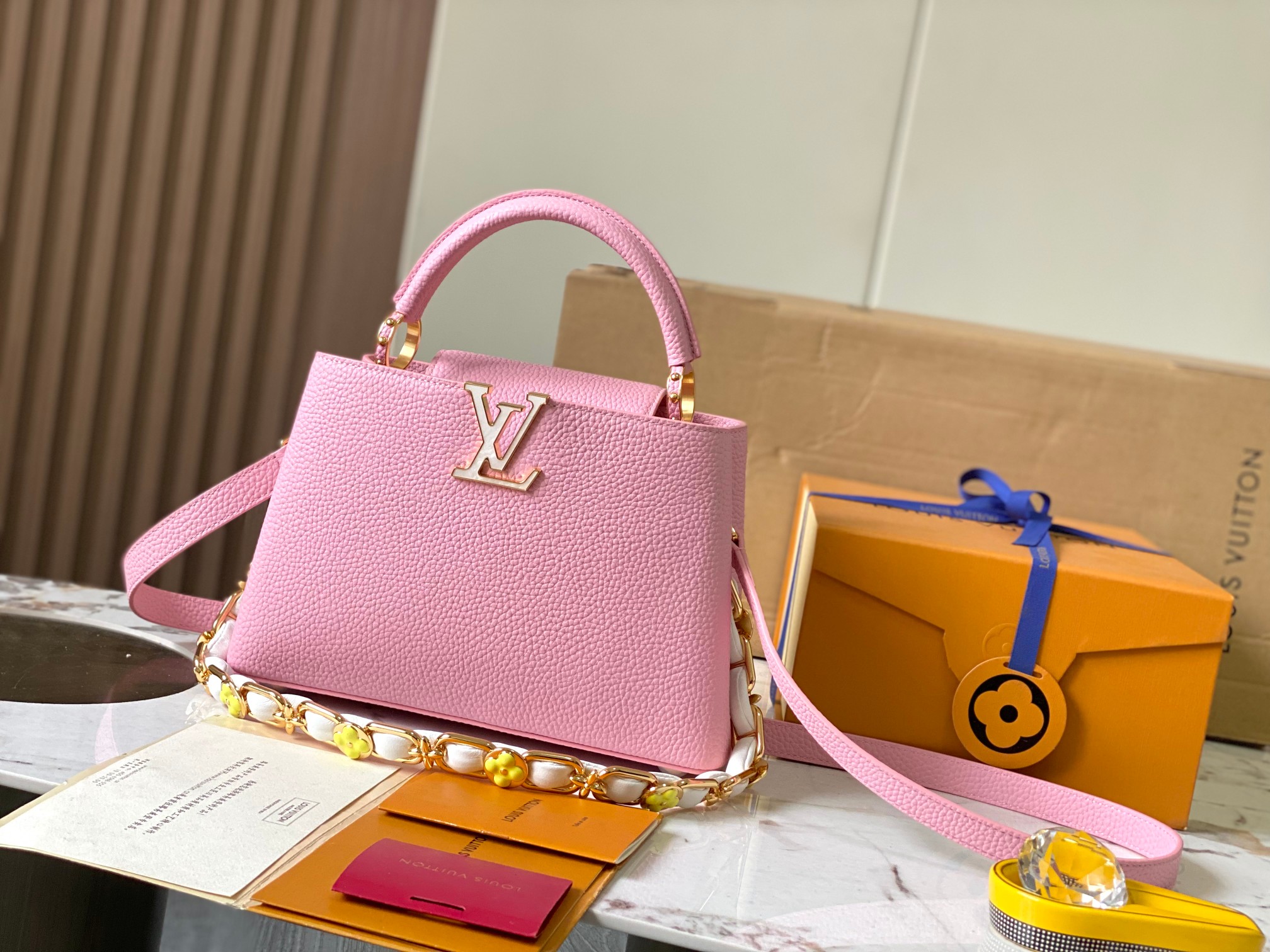 Louis Vuitton LV Capucines Shop
 Bags Handbags Pink White Weave Cowhide Chains M23280
