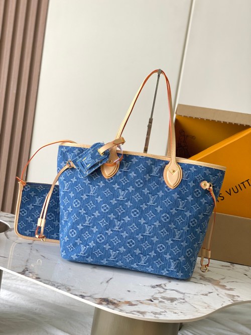 Louis Vuitton Neverfull Medium Denim Tote Bag with Leather Trim, Blue 1 Louis Vuitton Neverfull Medium Denim Tote Bag with Leather Trim, Blue