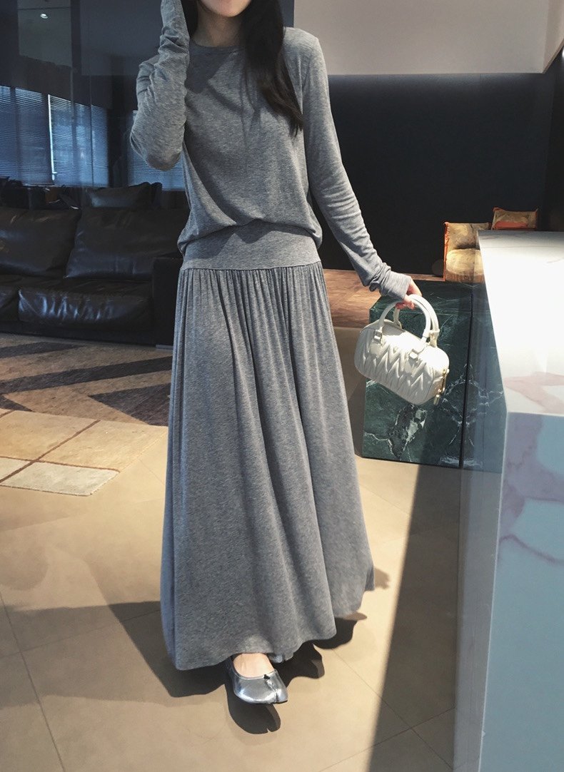 2024，超细腻天丝羊毛软弹细螺纹T恤 长半裙 套装  灰色 SML