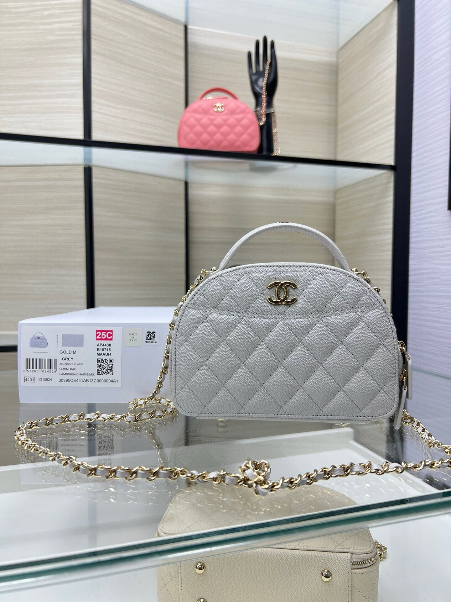 Ohanel 25C nuevo logo asa cadena concha bolso caja bolso piel de becerro granulada tamaño AY 18X16X6