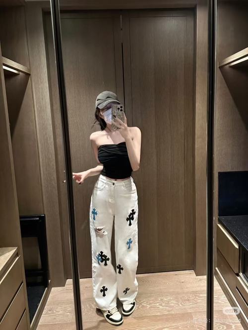 Chrome Hearts White Straight-Leg Distressed Jeans with Cross Patches 1 Chrome Hearts White Straight-Leg Distressed Jeans with Cross Patches