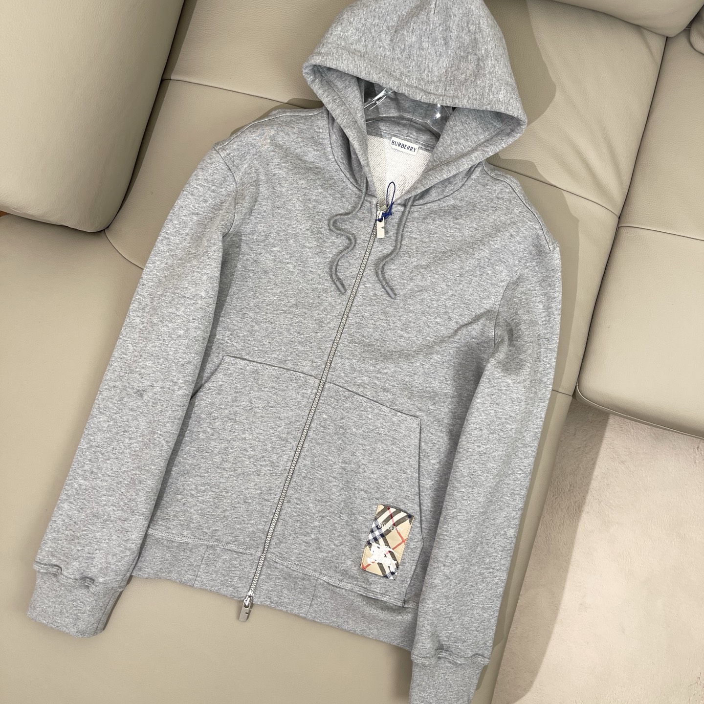 Burberry Men's Grey Marl Heavyweight Loopback Zip-Up Hoodie With Check Patch 3 i1741709821411 6280 0 0
