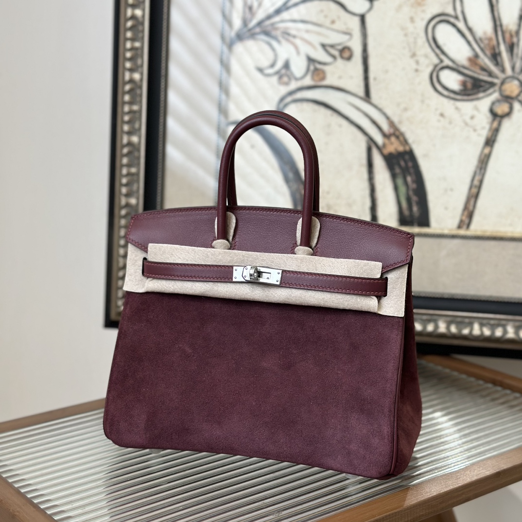 NO:754119,Birkin 25cm, original imported suede and Swift leather [Bordeaux wine red] silver buckle, counter synchronization, fully handmade beeswax thread sewing, pure steel hardware, high-end customization, Hermes, hermes, stuart weitzman, chamois leather, Hermes,19860909Birkin 25cm 原厂进口麂皮拼Swift皮【波尔多酒红】银扣 专柜同步 全手工蜜蜡线缝制 纯钢五金 高端定制,爱马仕,hermes,stuart weitzman,chamois leather,Hermes,,Bag