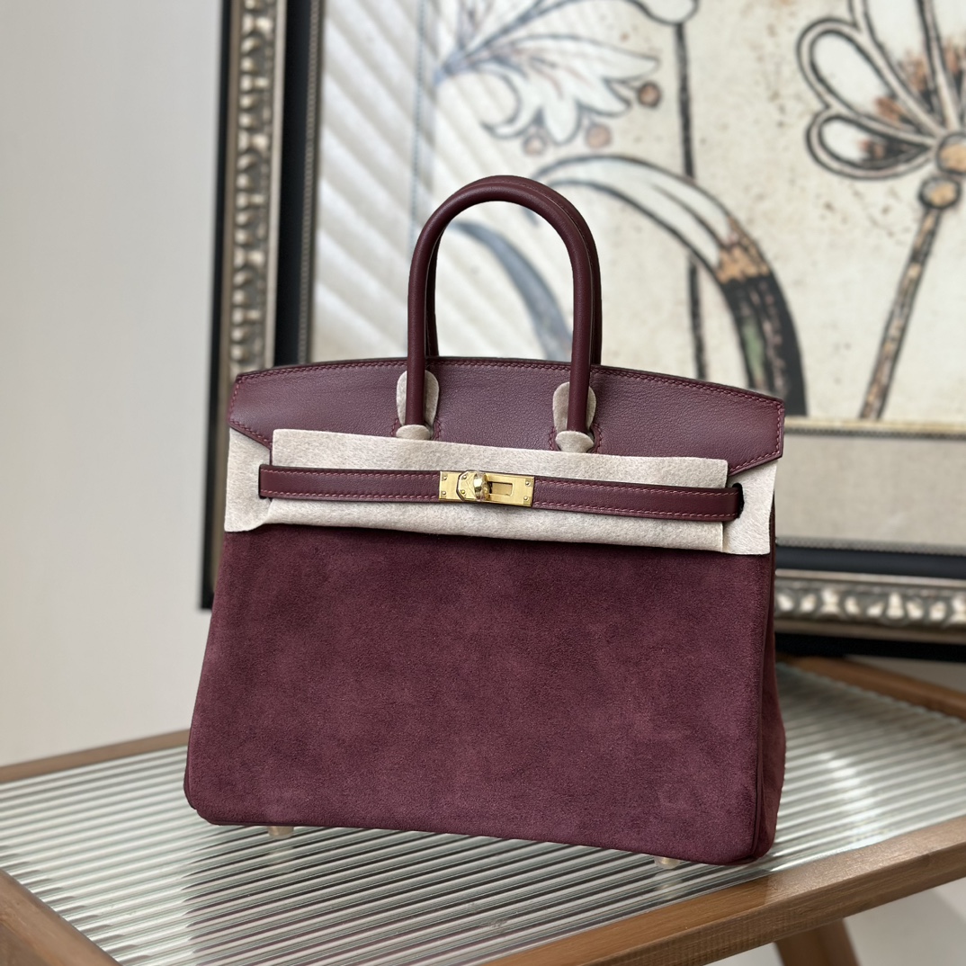 NO:754121,Birkin 25cm, original imported suede and Swift leather [Bordeaux wine red] gold buckle, counter synchronization, fully handmade beeswax thread sewing, pure steel hardware, high-end customization, Hermes, hermes, stuart weitzman, chamois leather, Hermes,19860909Birkin 25cm 原厂进口麂皮拼Swift皮【波尔多酒红】金扣 专柜同步 全手工蜜蜡线缝制 纯钢五金 高端定制,爱马仕,hermes,stuart weitzman,chamois leather,Hermes,,Bag