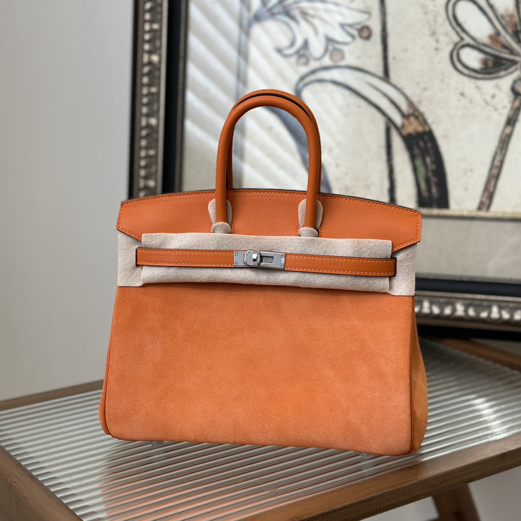 NO:754123,Birkin 25cm, original imported suede and Swift leather [orange] silver buckle, counter synchronization, fully handmade beeswax thread sewing, pure steel hardware, high-end customization, Hermes, hermes, stuart weitzman, chamois leather, Hermes,19860909Birkin 25cm 原厂进口麂皮拼Swift皮【橙色】银扣 专柜同步 全手工蜜蜡线缝制 纯钢五金 高端定制,爱马仕,hermes,stuart weitzman,chamois leather,Hermes,,Bag