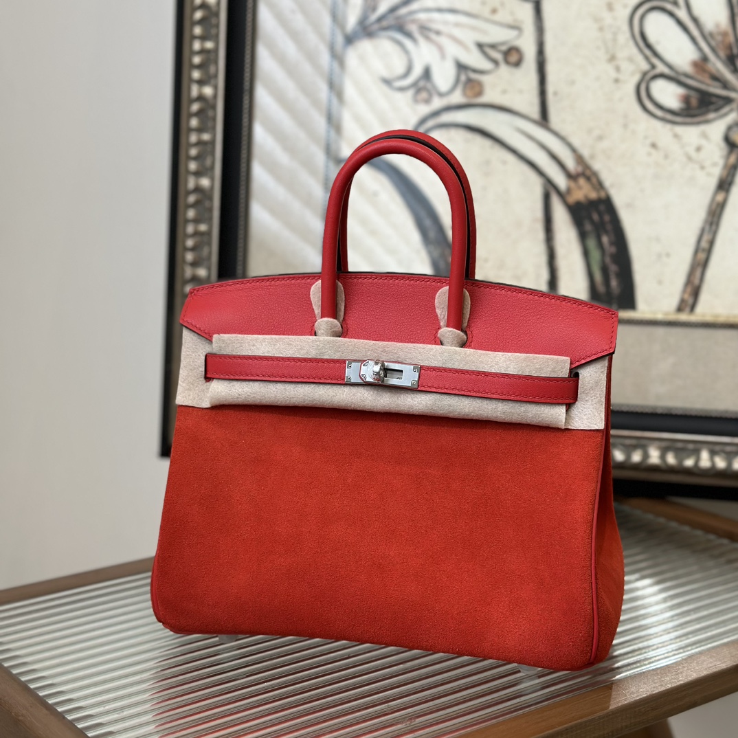 Hermes Birkin Bags Handbags Red Sewing Silver Hardware Chamois