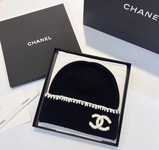 Chanel Hats Knitted Hat Black White Cashmere Knitting Chains