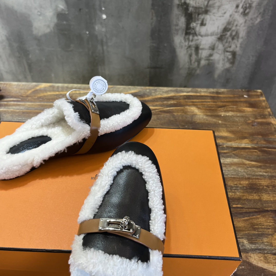 Hermès Hermes爱马仕 毛毛勃肯鞋 毛毛穆勒鞋 泰迪毛拖鞋 H包头半拖 毛拖鞋