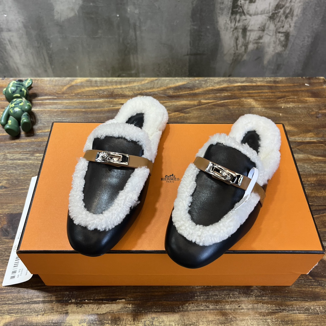 Hermès Hermes爱马仕 毛毛勃肯鞋 毛毛穆勒鞋 泰迪毛拖鞋 H包头半拖 毛拖鞋