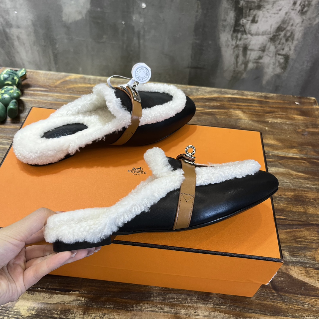 Hermès Hermes爱马仕 毛毛勃肯鞋 毛毛穆勒鞋 泰迪毛拖鞋 H包头半拖 毛拖鞋