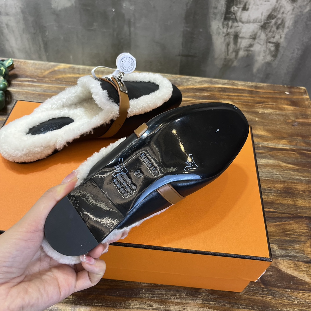 Hermès Hermes爱马仕 毛毛勃肯鞋 毛毛穆勒鞋 泰迪毛拖鞋 H包头半拖 毛拖鞋