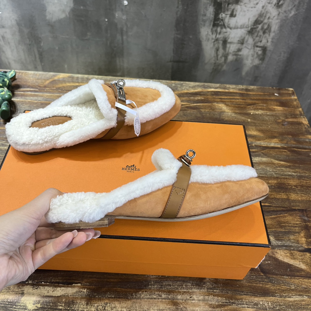 Hermès Hermes爱马仕 毛毛勃肯鞋 毛毛穆勒鞋 泰迪毛拖鞋 H包头半拖 毛拖鞋
