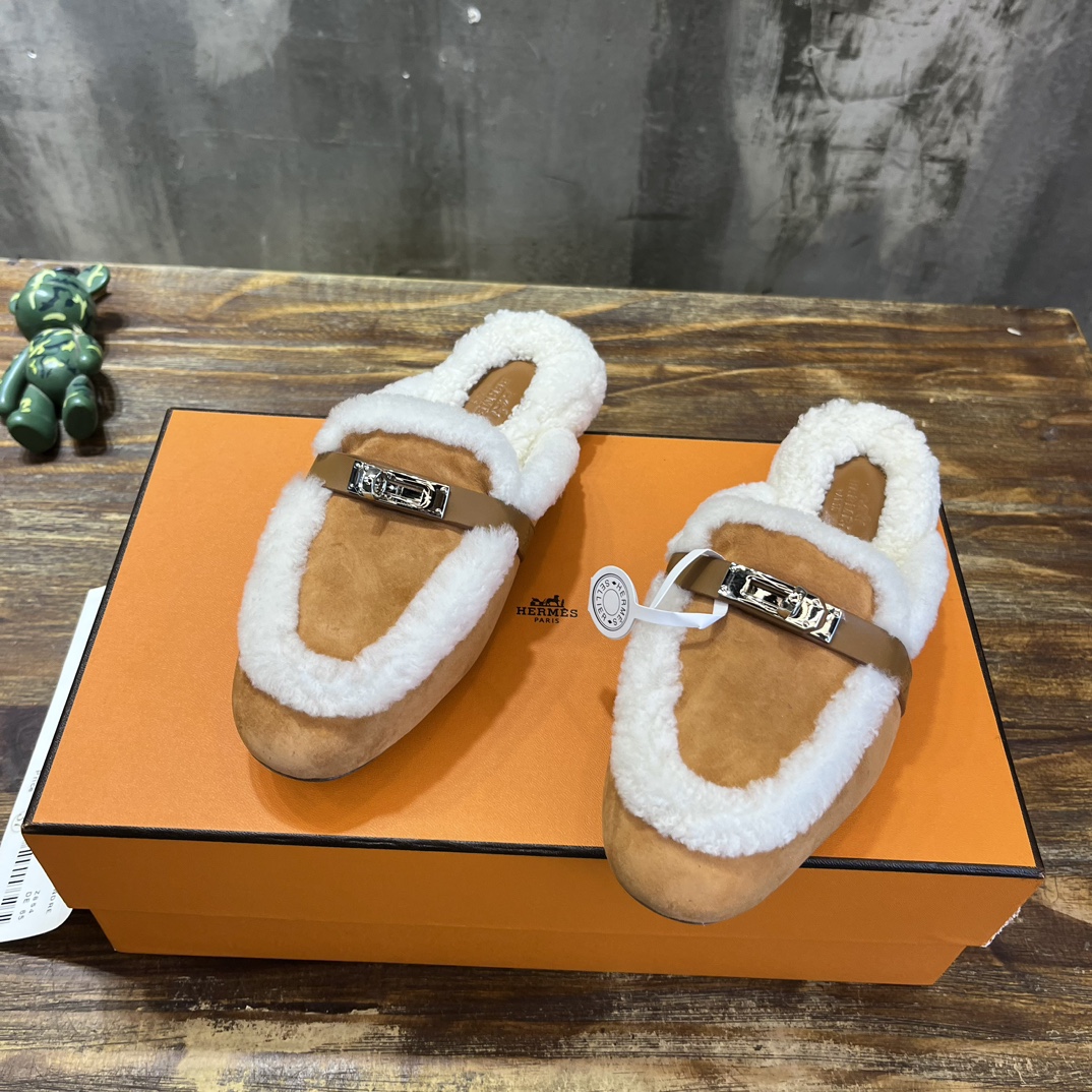 Hermès Hermes爱马仕 毛毛勃肯鞋 毛毛穆勒鞋 泰迪毛拖鞋 H包头半拖 毛拖鞋