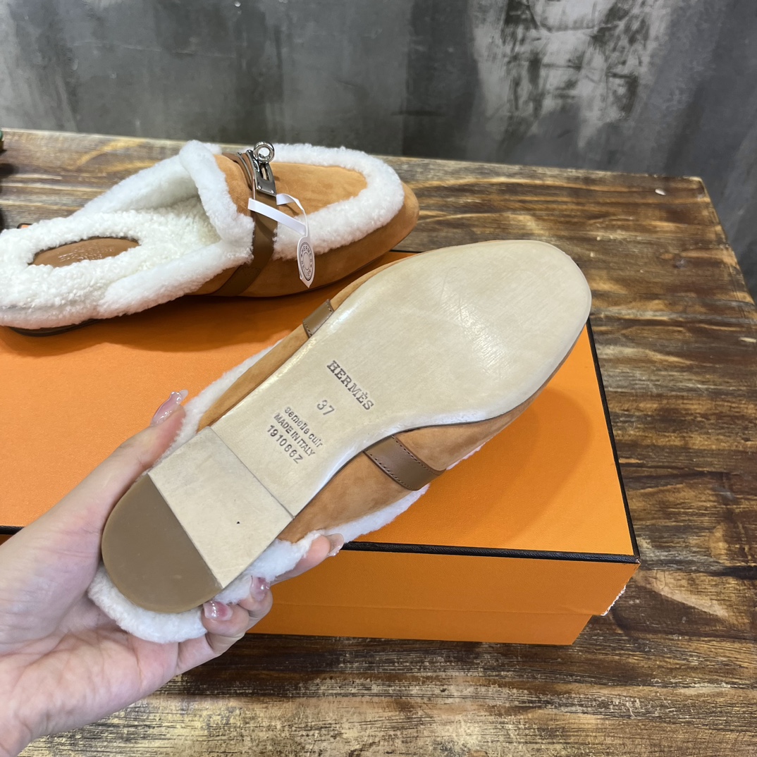 Hermès Hermes爱马仕 毛毛勃肯鞋 毛毛穆勒鞋 泰迪毛拖鞋 H包头半拖 毛拖鞋