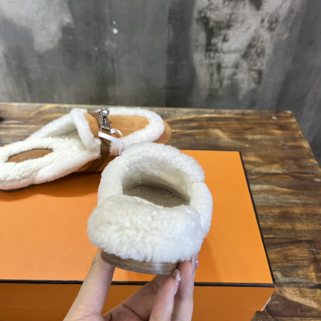 Hermès Hermes爱马仕 毛毛勃肯鞋 毛毛穆勒鞋 泰迪毛拖鞋 H包头半拖 毛拖鞋