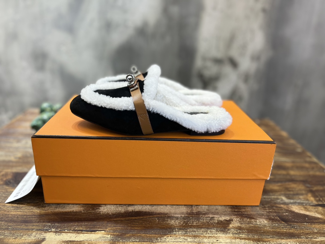 Hermès Hermes爱马仕 毛毛勃肯鞋 毛毛穆勒鞋 泰迪毛拖鞋 H包头半拖 毛拖鞋