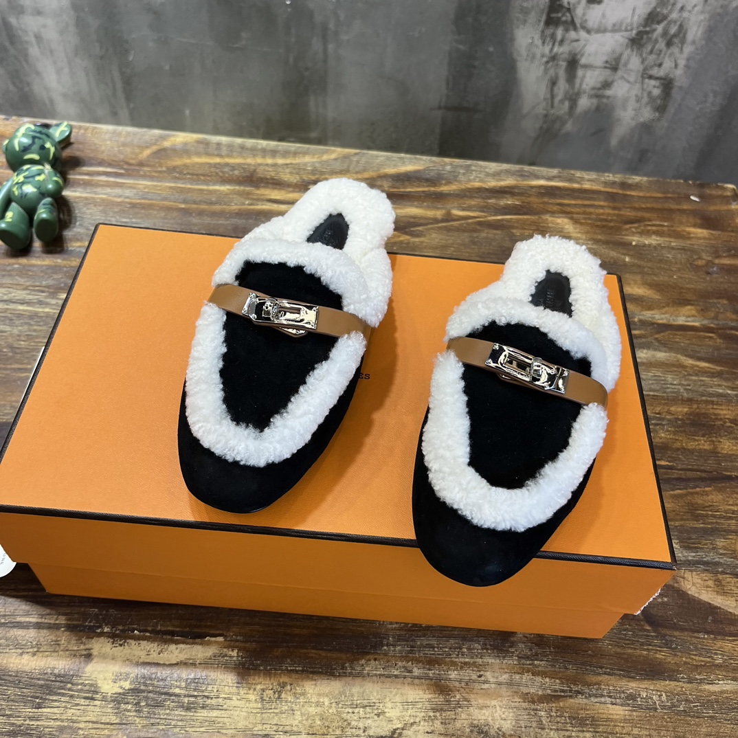 Hermès Hermes爱马仕 毛毛勃肯鞋 毛毛穆勒鞋 泰迪毛拖鞋 H包头半拖 毛拖鞋