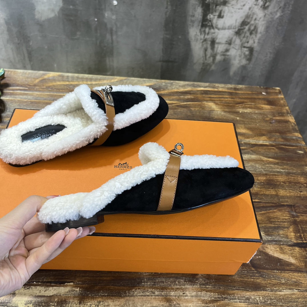 Hermès Hermes爱马仕 毛毛勃肯鞋 毛毛穆勒鞋 泰迪毛拖鞋 H包头半拖 毛拖鞋