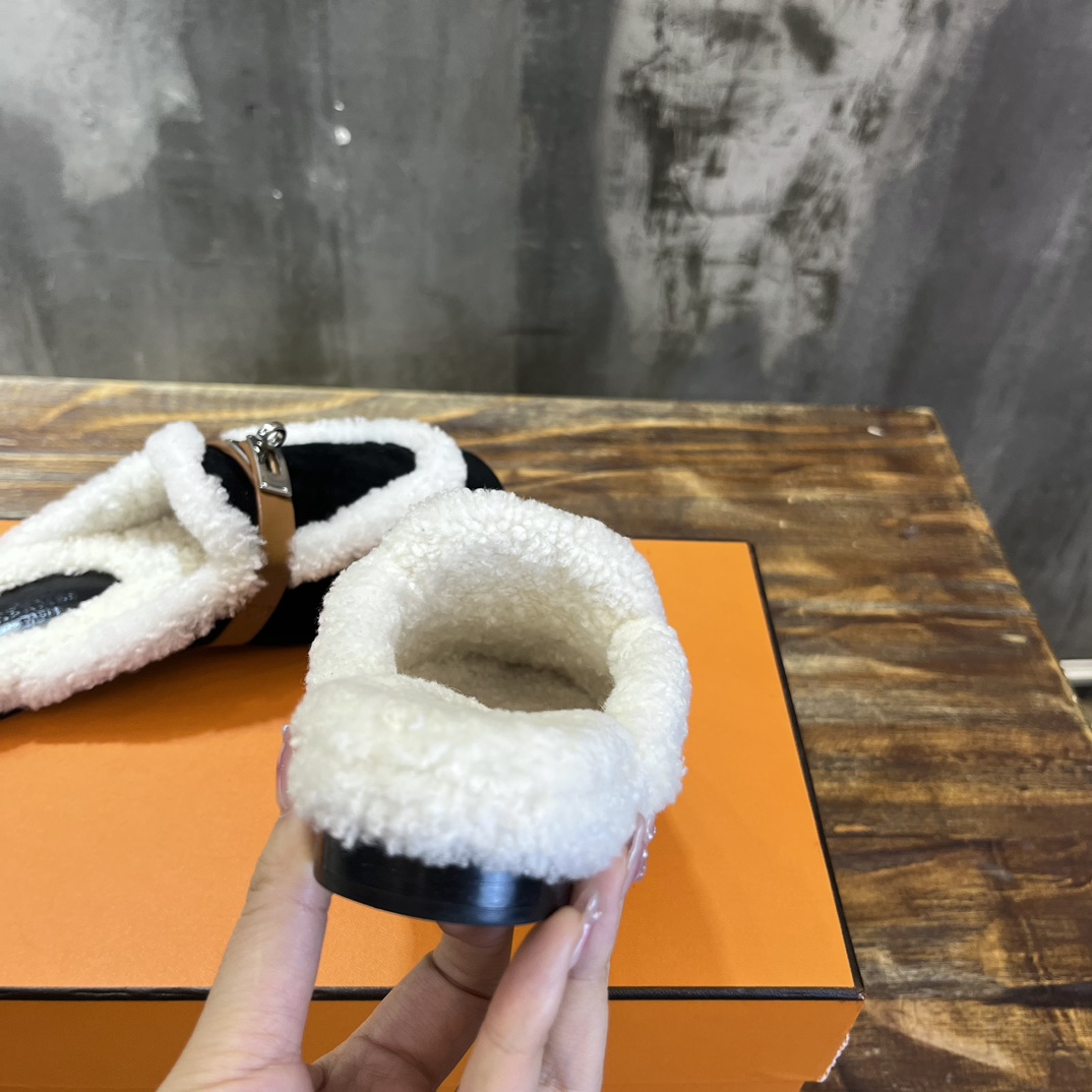 Hermès Hermes爱马仕 毛毛勃肯鞋 毛毛穆勒鞋 泰迪毛拖鞋 H包头半拖 毛拖鞋