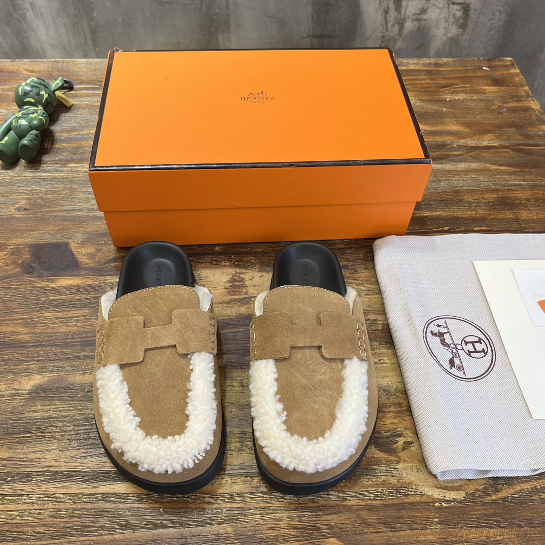 Hermès 勃肯毛毛半拖鞋