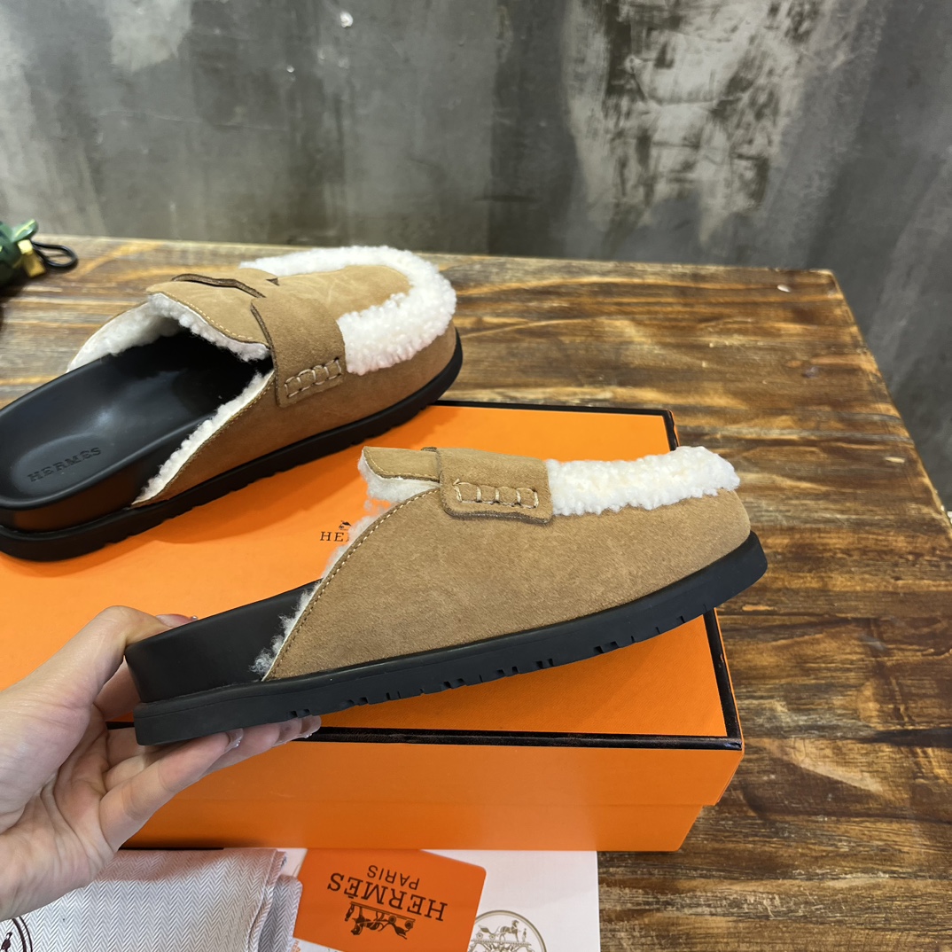 Hermès 勃肯毛毛半拖鞋