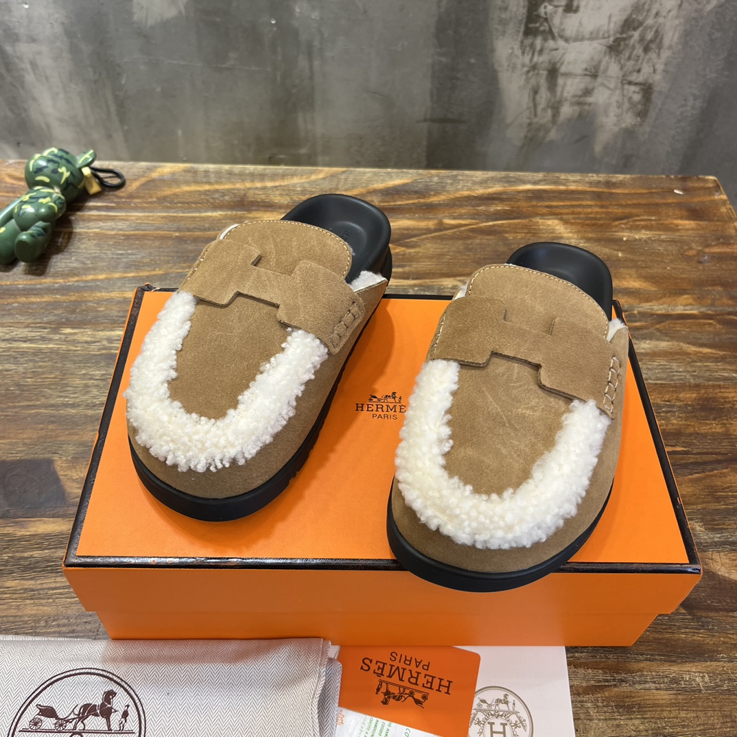 Hermès 勃肯毛毛半拖鞋