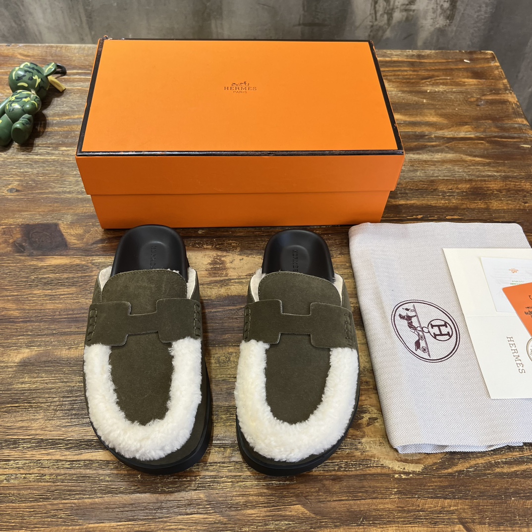 Hermès 勃肯毛毛半拖鞋