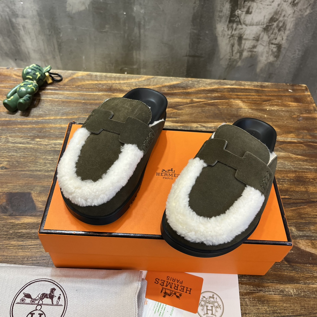 Hermès 勃肯毛毛半拖鞋