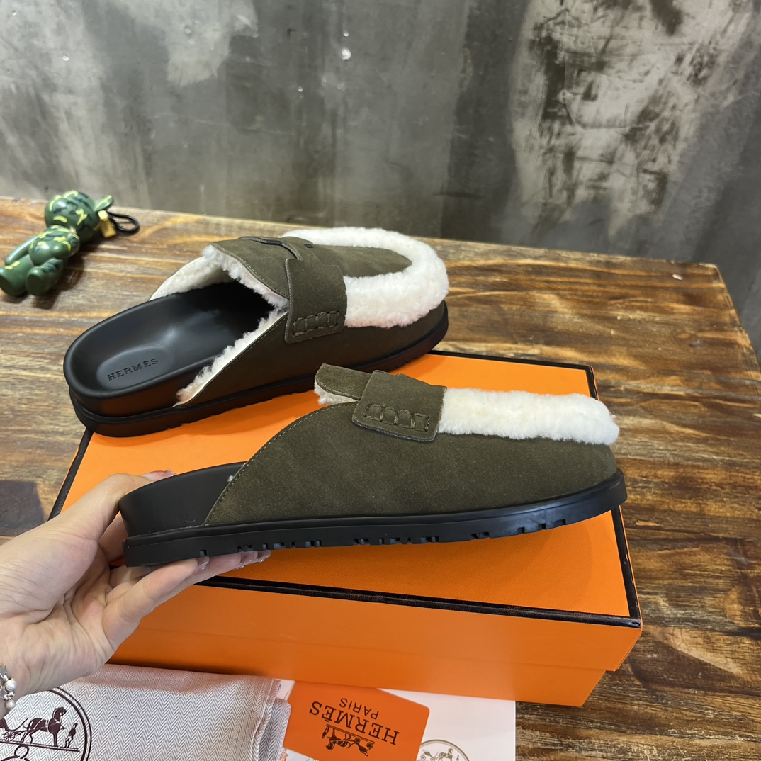 Hermès 勃肯毛毛半拖鞋