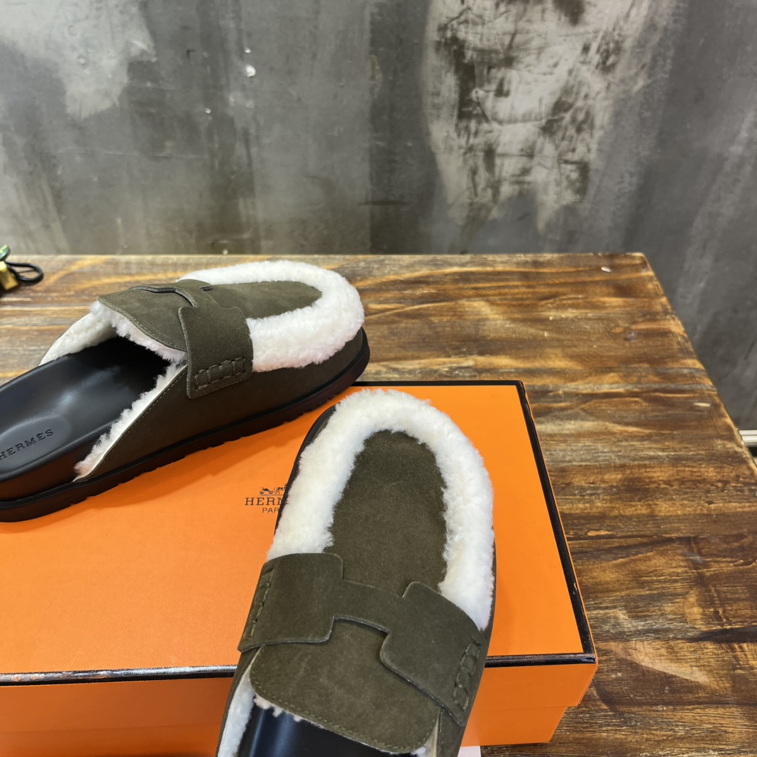 Hermès 勃肯毛毛半拖鞋