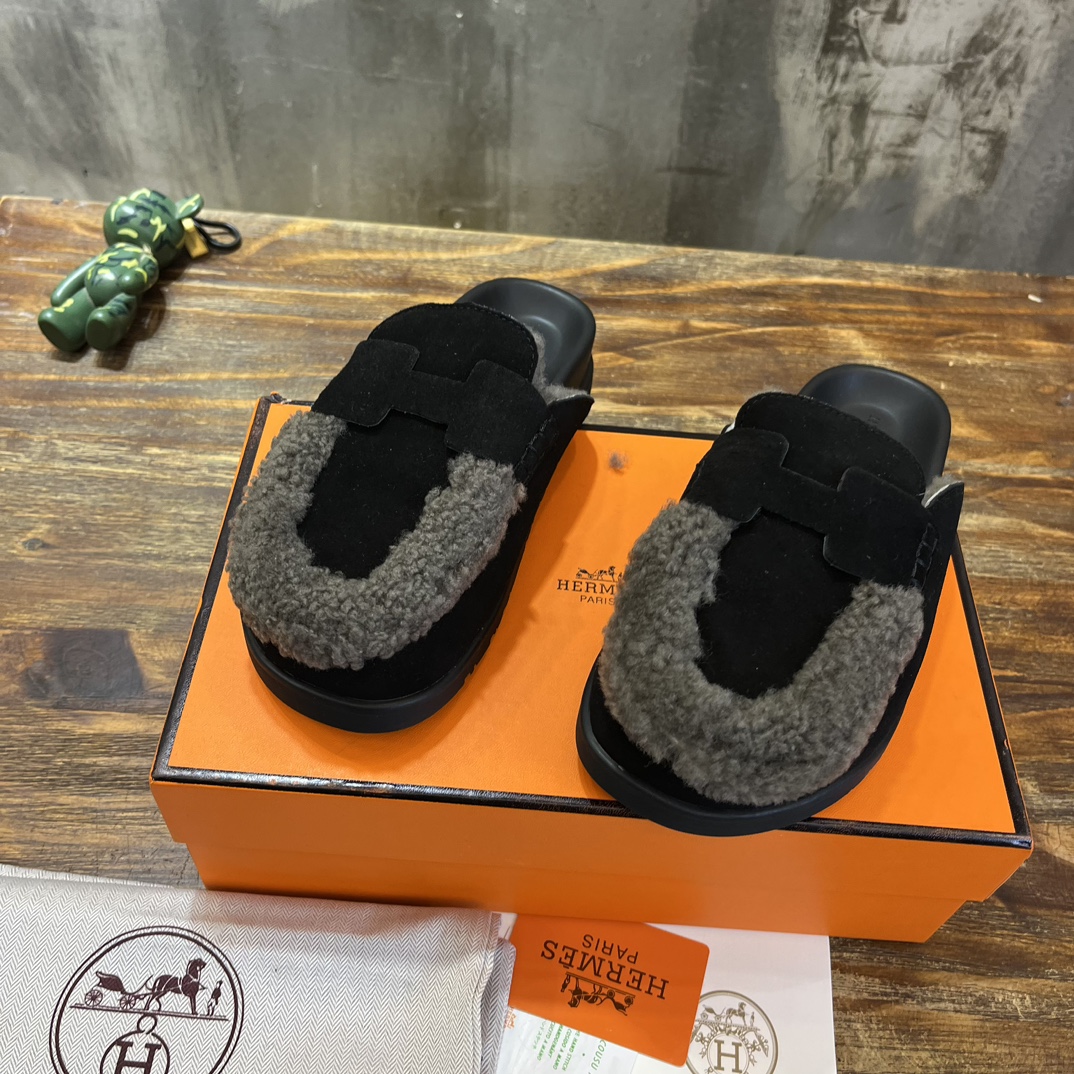 Hermès 勃肯毛毛半拖鞋