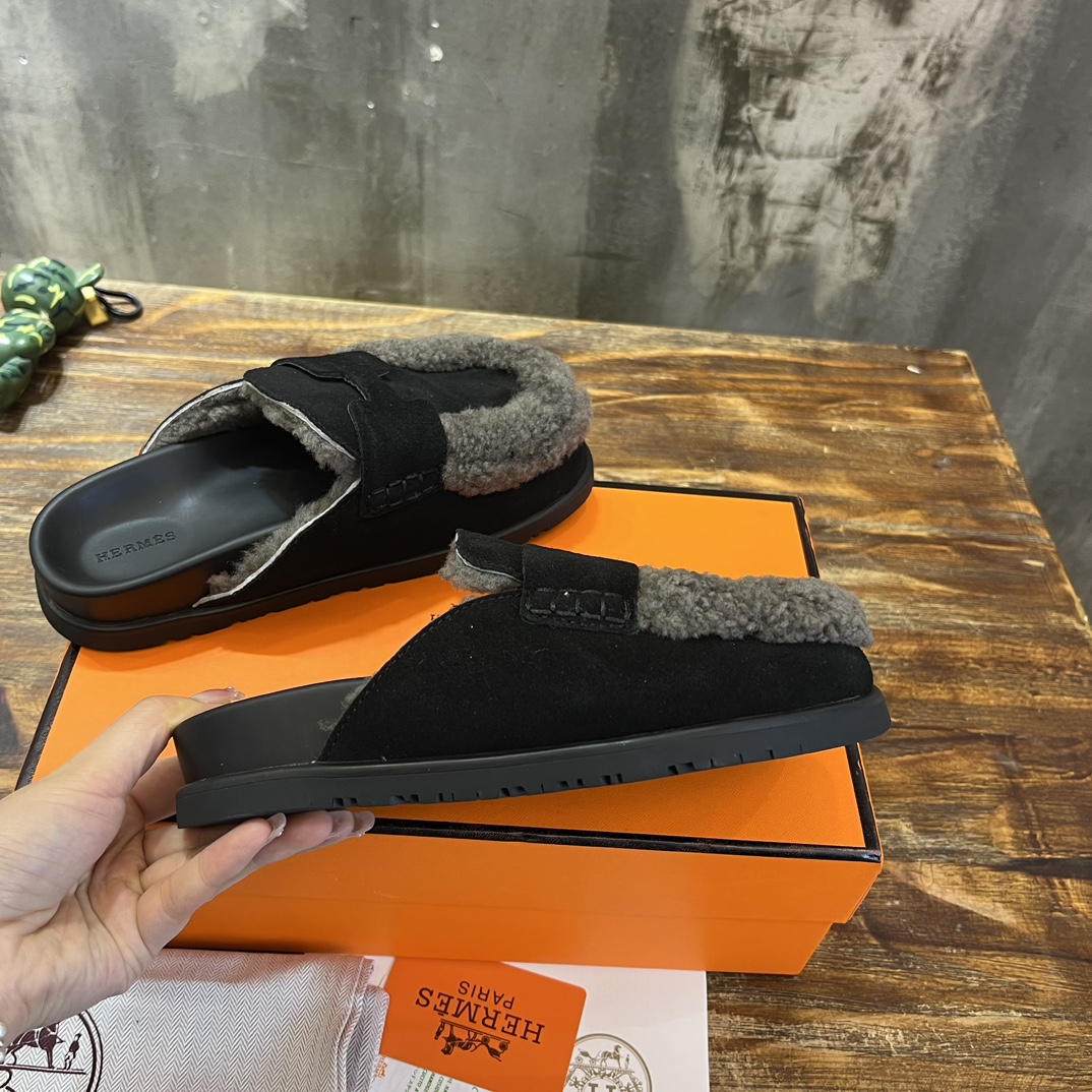 Hermès 勃肯毛毛半拖鞋