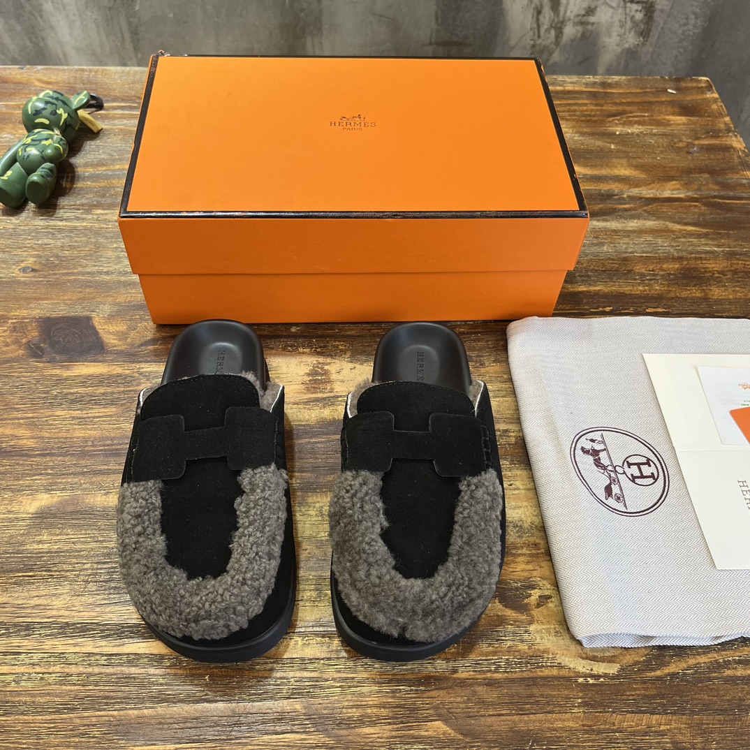Hermès 勃肯毛毛半拖鞋