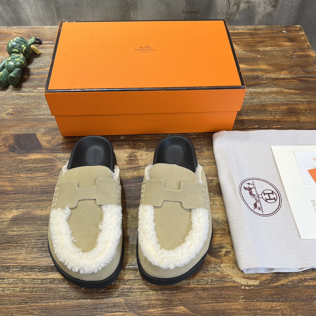 Hermès 勃肯毛毛半拖鞋