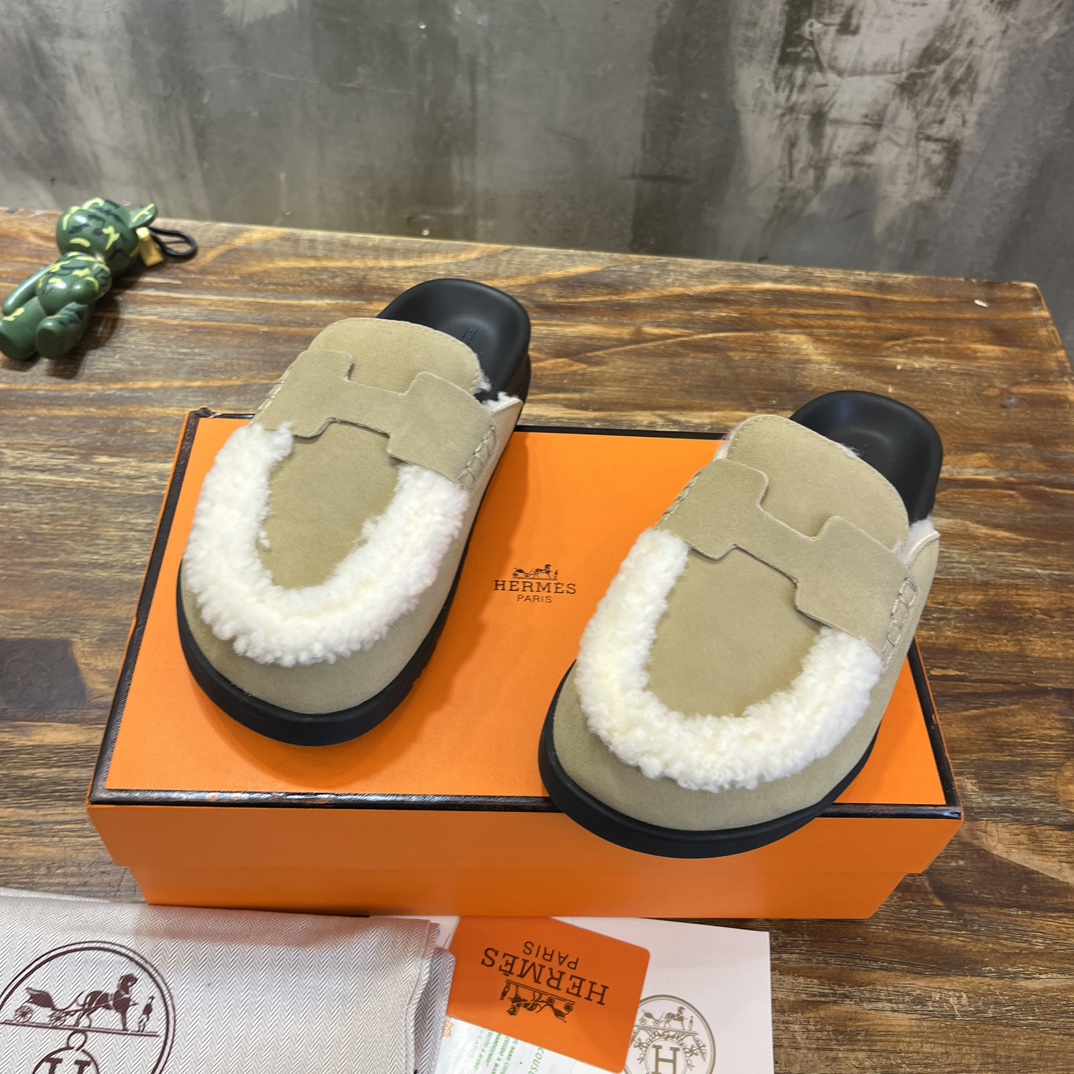 Hermès 勃肯毛毛半拖鞋