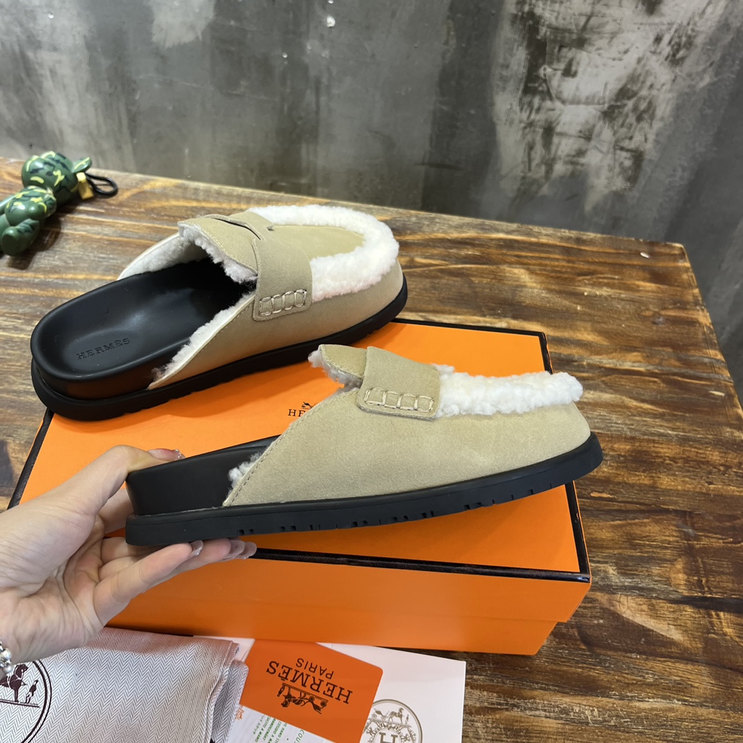 Hermès 勃肯毛毛半拖鞋