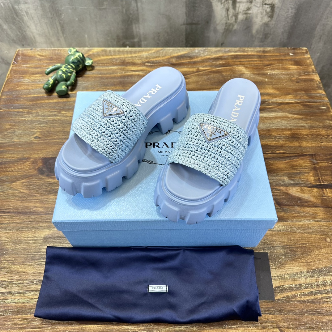 Prada prada普拉达最新款齿牙编织厚底三角扣拖鞋