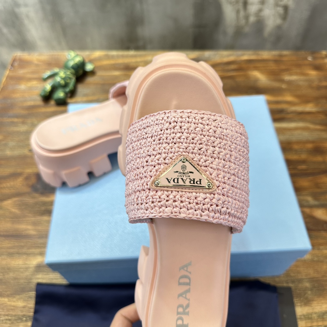 Prada prada普拉达最新款齿牙编织厚底三角扣拖鞋