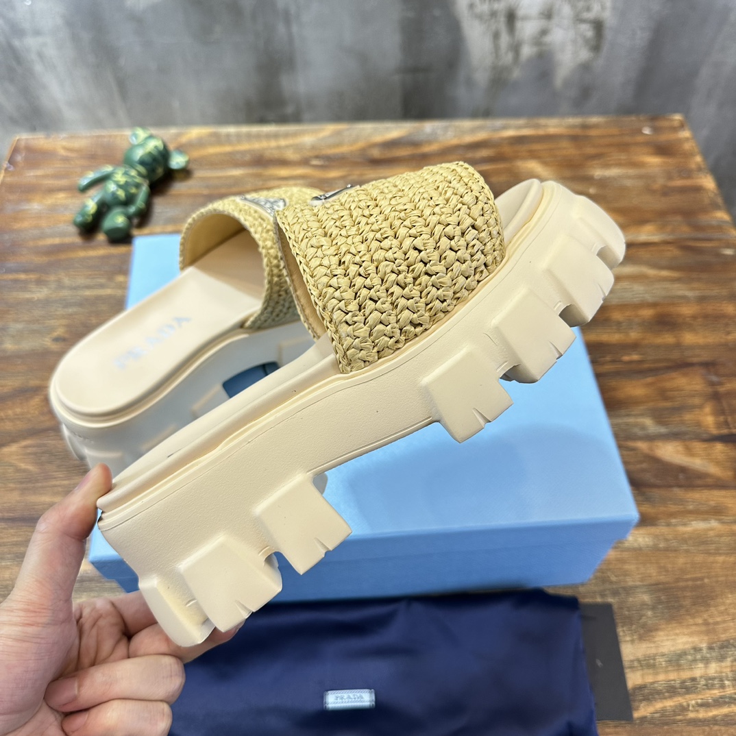 Prada prada普拉达最新款齿牙编织厚底三角扣拖鞋